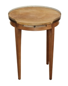 French Louis XVI style petit tea table in bleached walnut with brass gallery