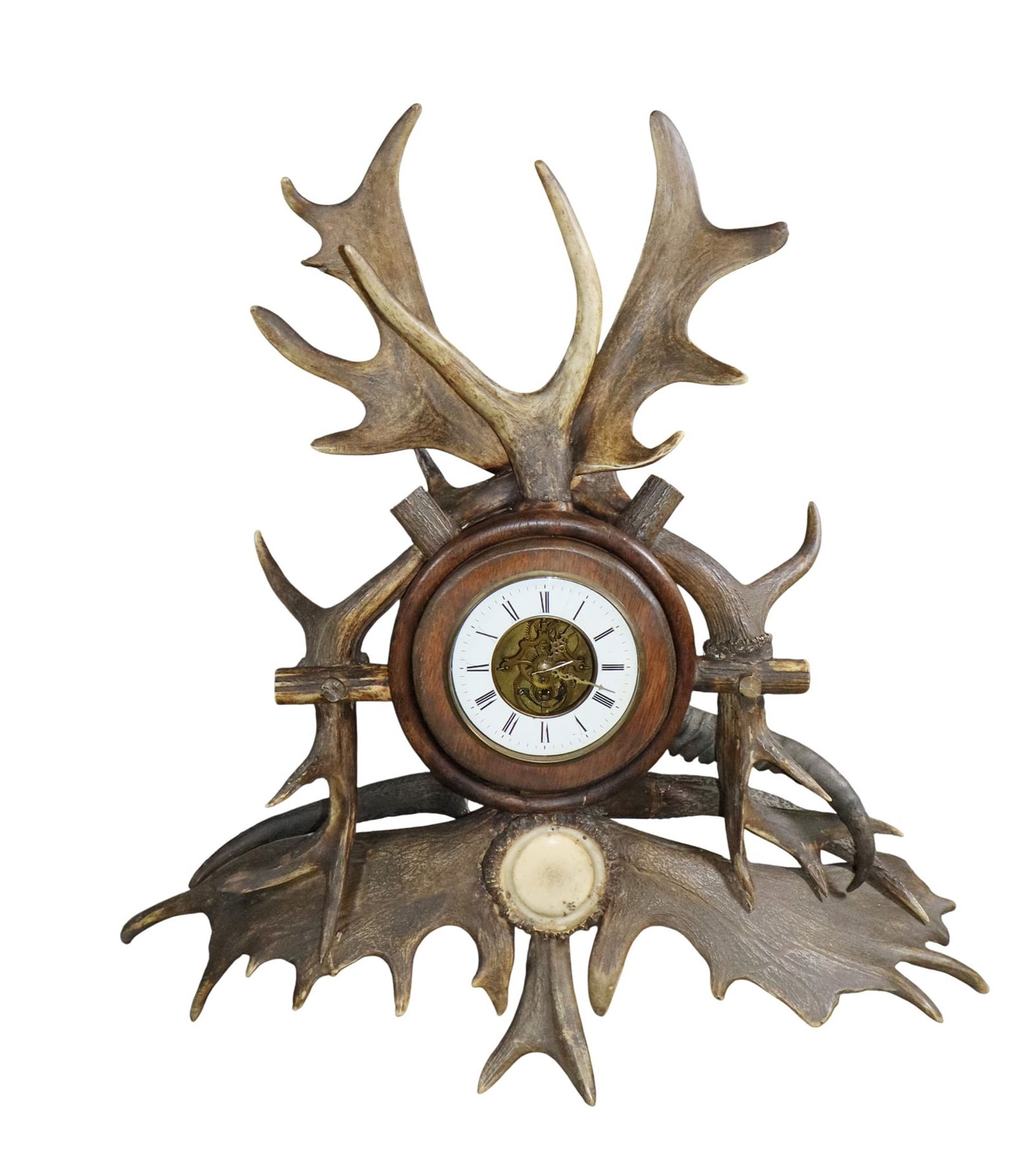 Black Forest lodge style mantel clock with horns & antlers: Black Forest lodge style mantel clock with horns & antlers. 23"h x 22 1/2"w x 10 1/2"d. Weight: 4lbs