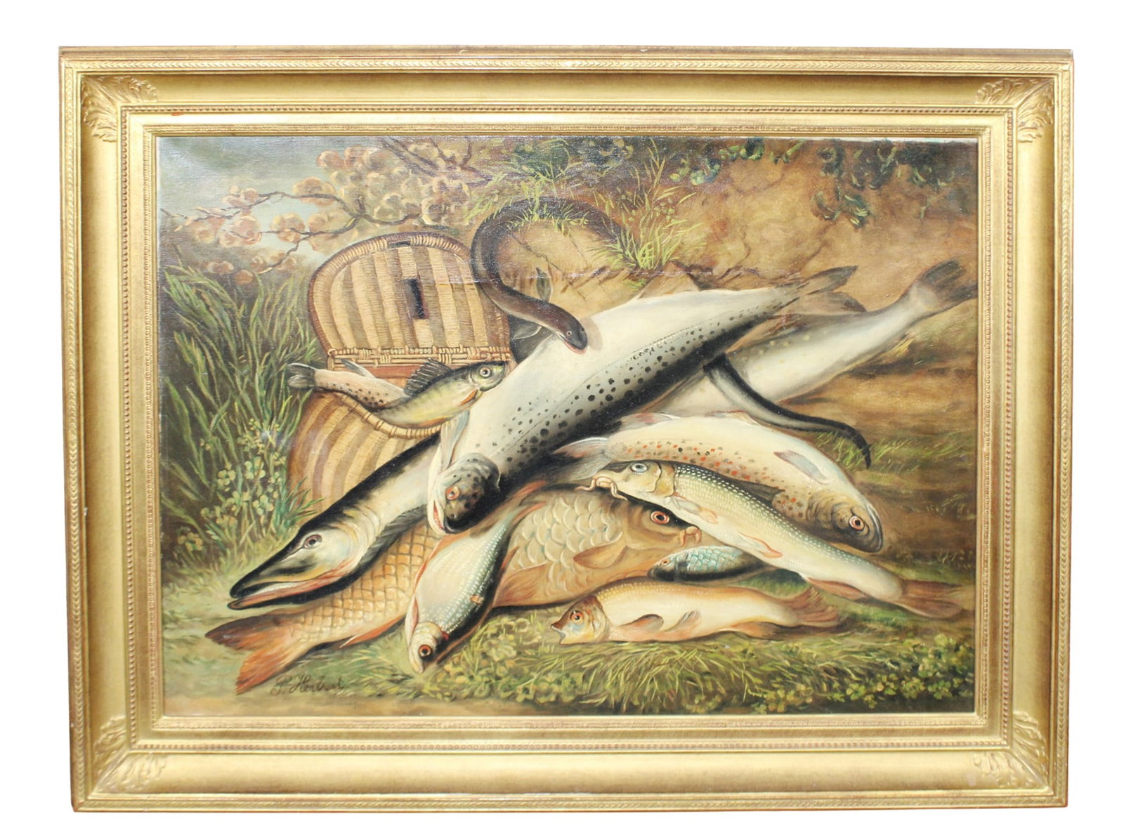 French oil on canvas painting still life with fish: French oil on canvas painting still life with fish. Signed l/l P. Herbert. Sight: 25 1/2"h x 34 1/4"w Overall: 34 1/2"h x 42"w