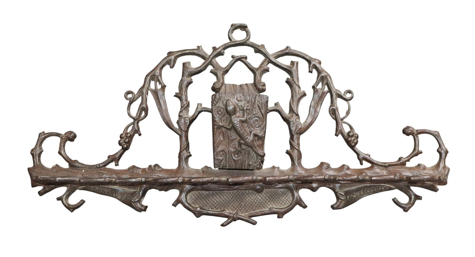 French Corneau Freres cast iron wall mount naturalistic pipe holder with lizard: French Corneau Freres cast iron wall mount naturalistic pipe holder with lizard. Signed in casting Corneau F res A Charleville. Late 19th century. 9"h x 18"w x 2"d weight: 3lbs