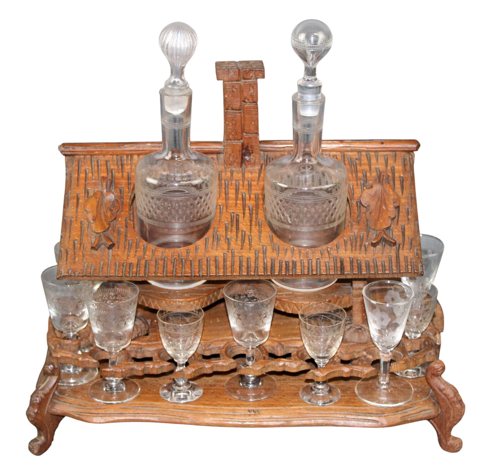 Black Forest cottage form tantalus set with cordial glasses and 2 decanters (1 of 11)
