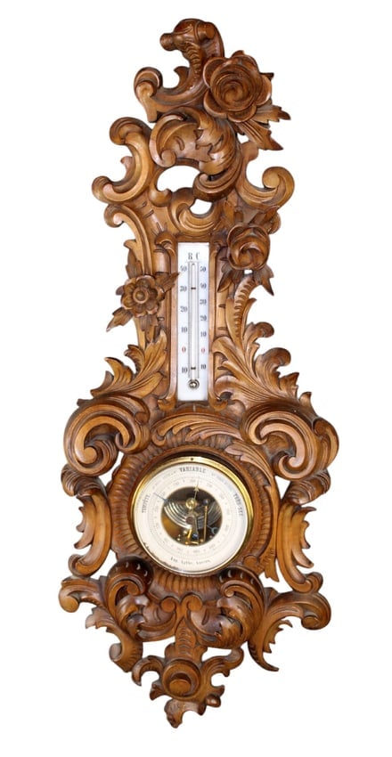 French carved walnut barometer with floral carvings (1 of 7)