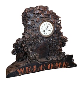 Black Forest carved naturalistic mantel clock with Welcome