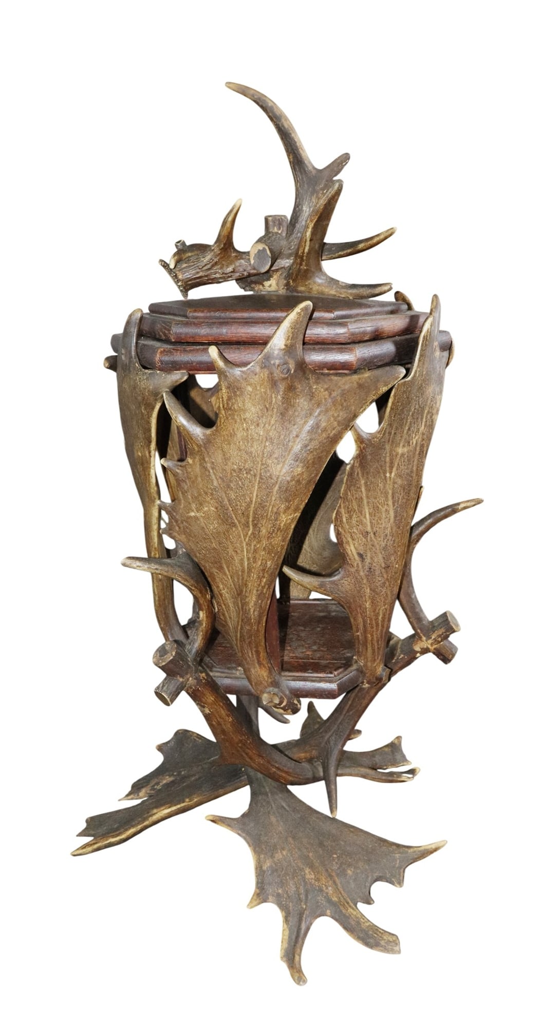 Black Forest antler kindling bucket: Black Forest antler kindling bucket. Early 20th century. 29"h x 14 1/2"w x 18 1/8"d. Weight: 11lbs