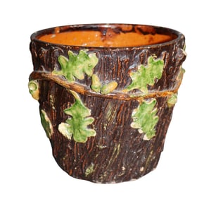 French glazed terra cotta cache pot with relief oak leaves