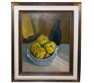 French Jean Pesce (b. 1926) Nature Morte aux coings oil on canvas painting still life with quinces