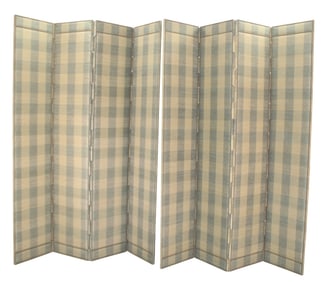 Pair of upholstered 4 panel checkered screens