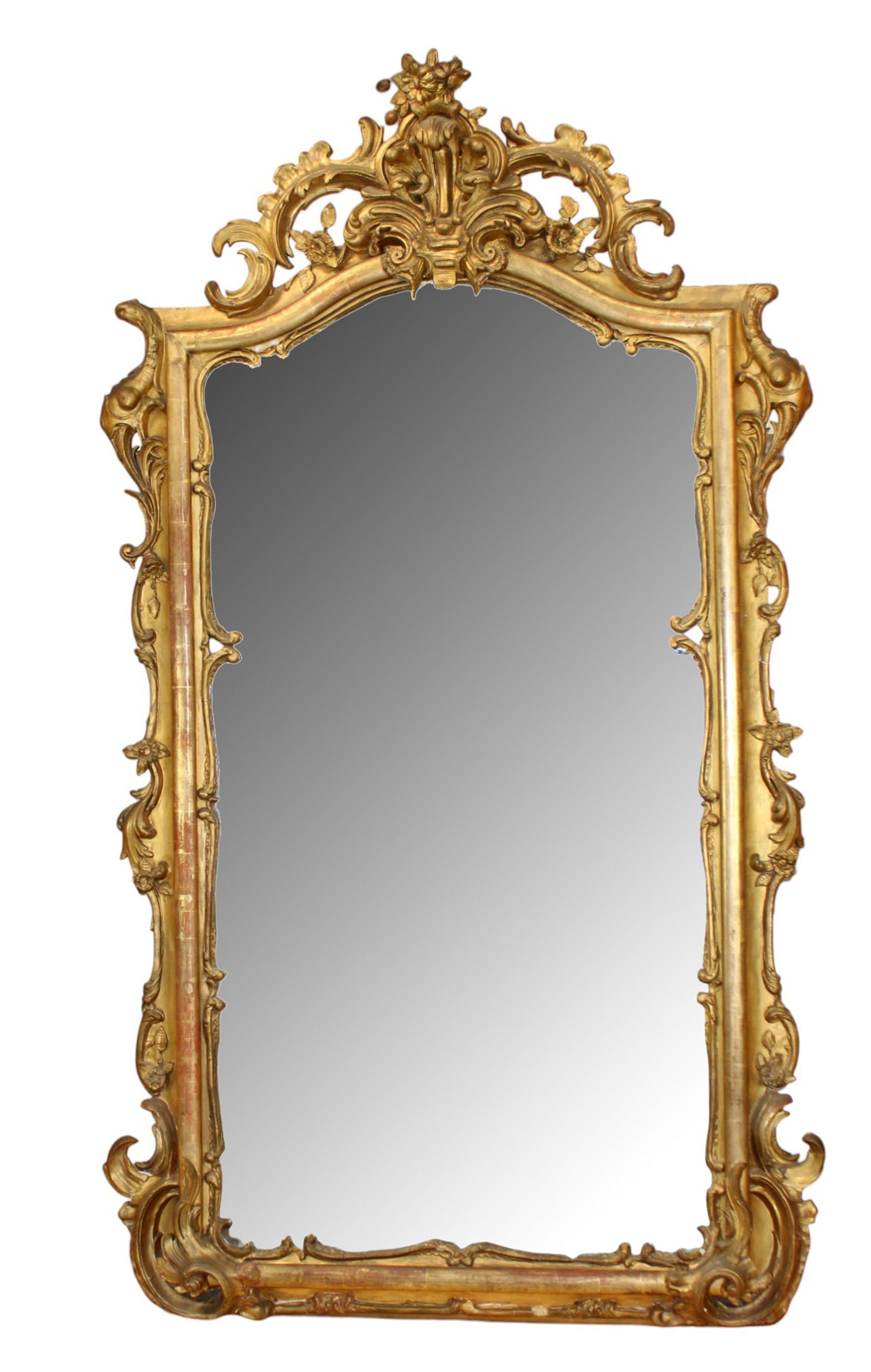 Monumental French Napoleon III Rococo gold leaf mirror: HUGE French Louis XV style gold leaf mirror with rocaille crest. Late 19th century. 95"h x 54 1/2"w