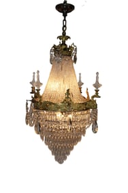 French Empire style bronze basket chandelier with swans and glass perfumers