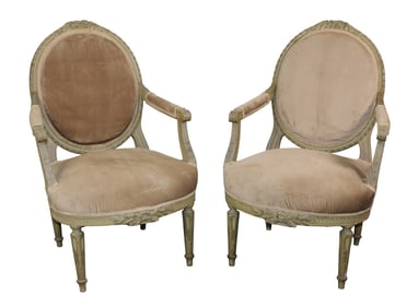 Pair of French Louis XVI style balloon back armchairs