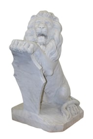 Italian carved white marble lion with shield