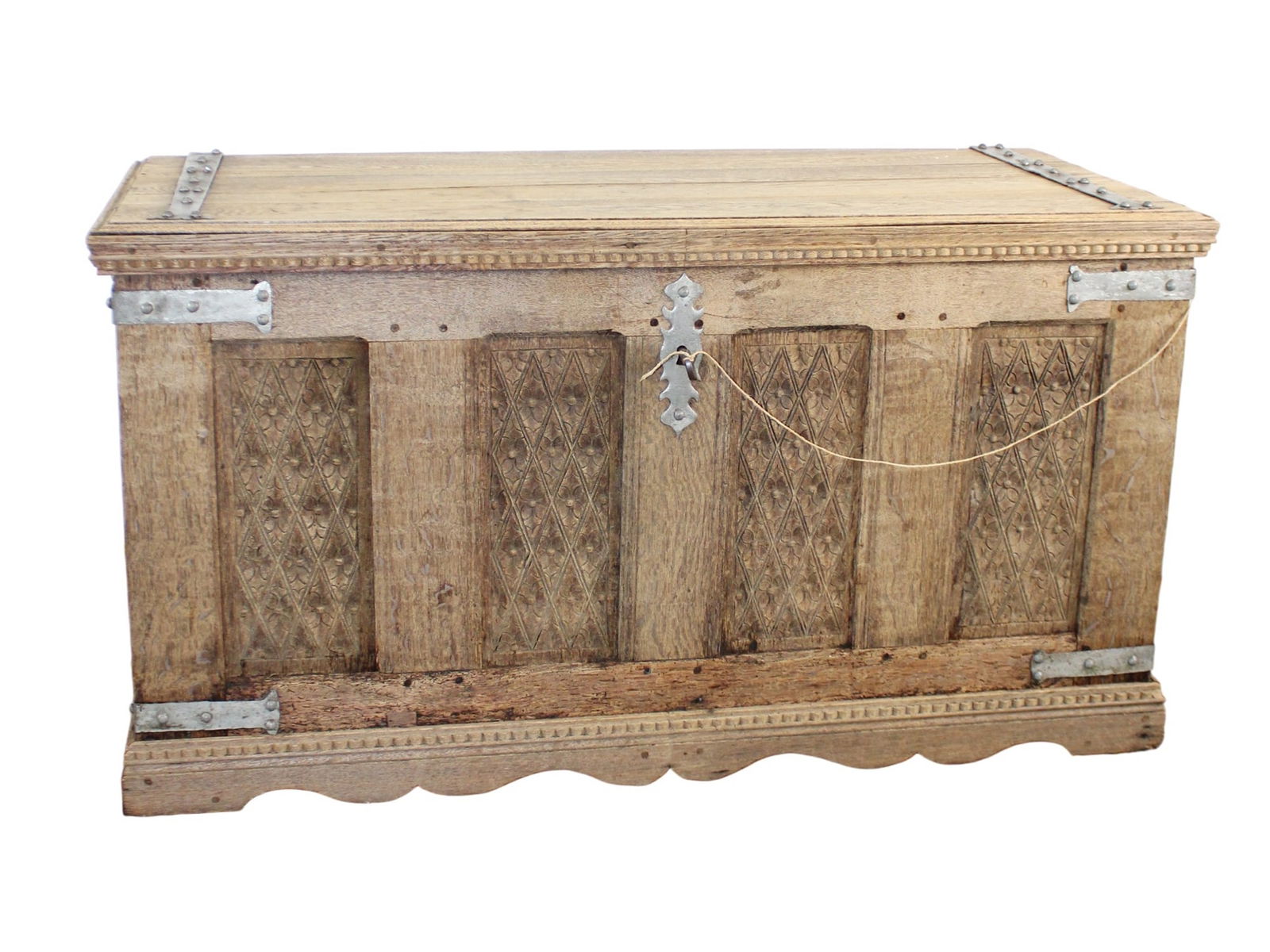 Large French Renaissance Revival trunk in bleached oak with iron strapping: Large French Renaissance Revival trunk in bleached oak with iron strapping. 19th century. 31"h x 56 3/4"w x 23 3/4"d