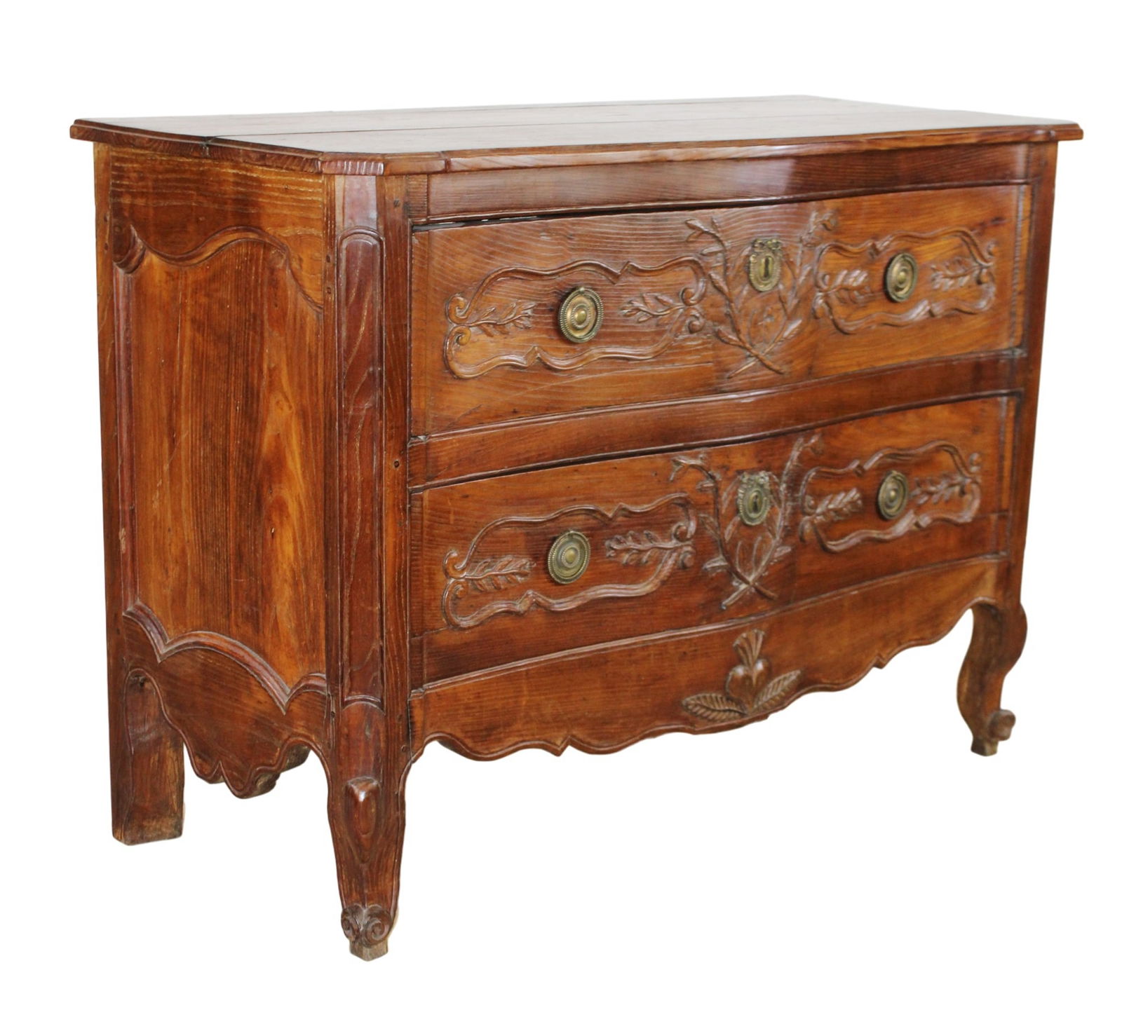 French 18th c Louis XV 2 drawer commode in chestnut: French Louis XV 2 drawer commode in chestnut. 18th century. 34 3/4"h x 48 1/2"w x 21 1/4"d