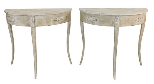 Pair of Italian demi lune console tables with drawers
