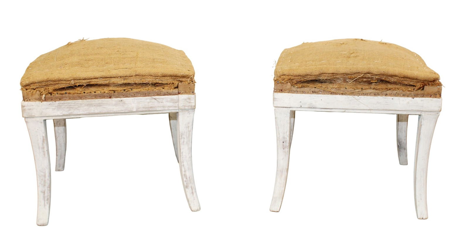 Pair of French foot stools on flared legs in walnut with painted finished: Pair of French foot stools on flared legs. In walnut with painted finish. Covered in burlap. 19th century. 17"h x 7 1/2" sq
