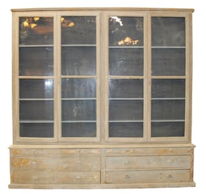 French 4 door bookcase over bank of 6 drawers