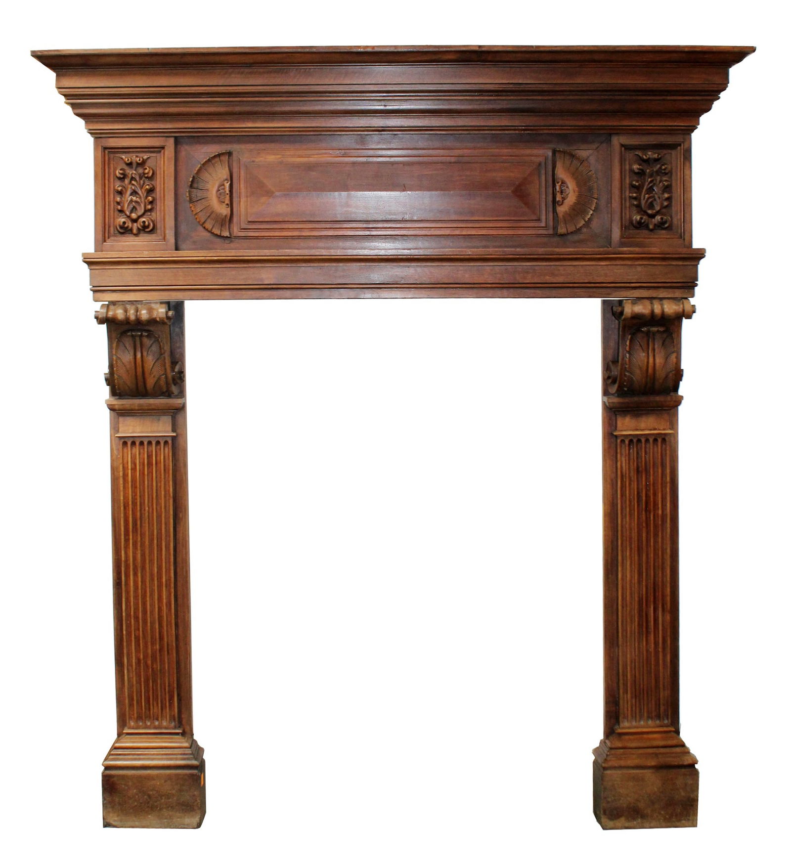 HUGE French Renaissance Revival fireplace mantel in walnut: French Renaissance carved walnut fireplace mantel. 93 3/4"h x 82"w x 30"d, Fire box measures 65 1/4"h x 51 1/4"w