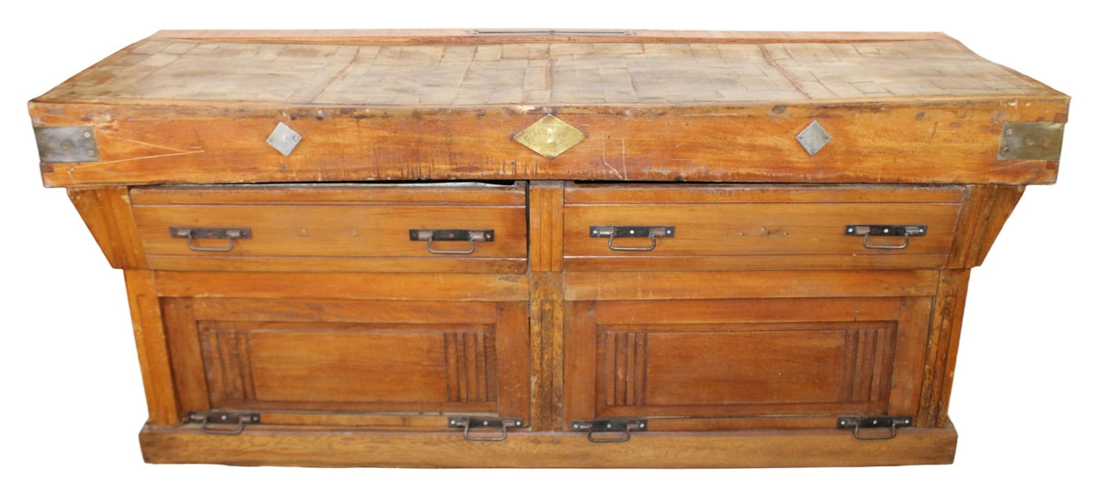 French double butchers block: French Butcher Shop double butchers block. Late 19th century. 34"h x 78 5/8"w x 28"d
