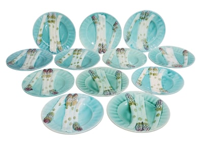 Lot of 12 French Majolica K&G Luneville asparagus plates