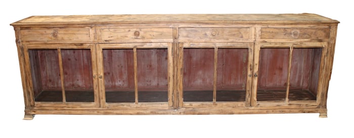 French oversize country store sideboard in mixed woods with glass doors