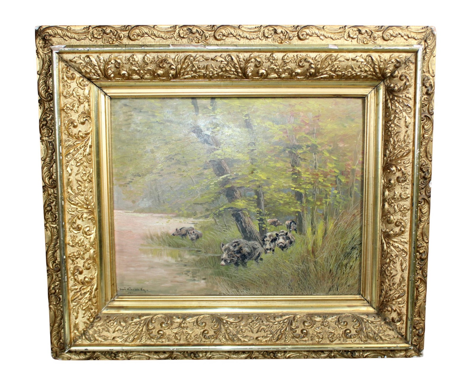 Ivan Ivanovitch Kowalsky (French, 1839-1937) oil on artist board painting landscape with wild boars (1 of 11)