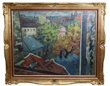 French expressionistic oil on canvas painting view of Paris rooftops. 25"h x 31 1/2"w Framed 31