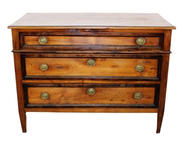 French Louis XVI 3 drawer commode in walnut with 2-tone drawers