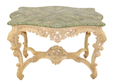 French Louis XV style pierce carved and bleached center table with faux painted top