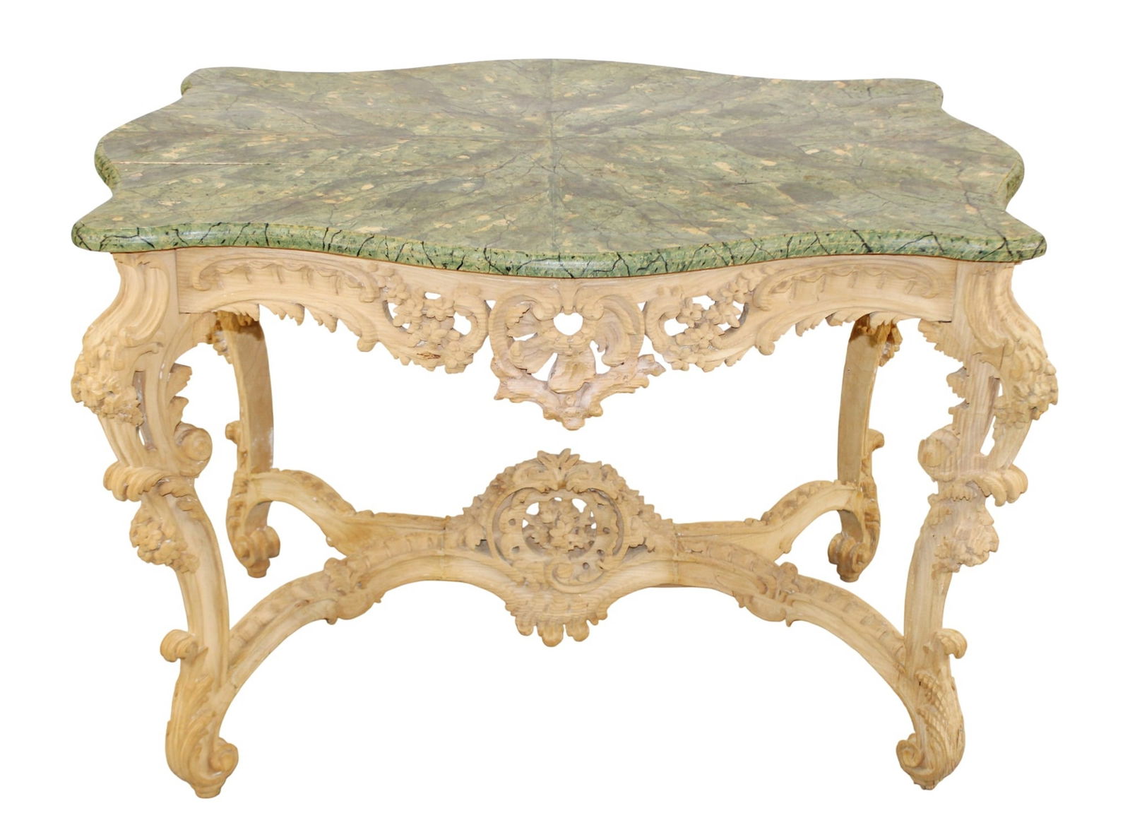 French Louis XV style pierce carved and bleached center table with faux painted top (1 of 9)