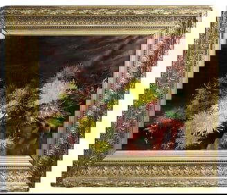 French oil on canvas painting still life with dahlias