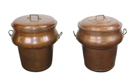 Pair of French large copper chateau kitchen water vessels with lids
