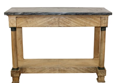 French Empire style console table in bleached burled walnut with marble top