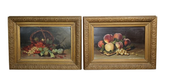 Pair of French oil on board still life paintings with fruit