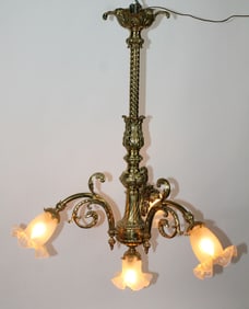 French 3 arm bronze chandelier with frosted glass shades