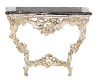 French Louis XV pierce carved and painted wall mount console with marble top