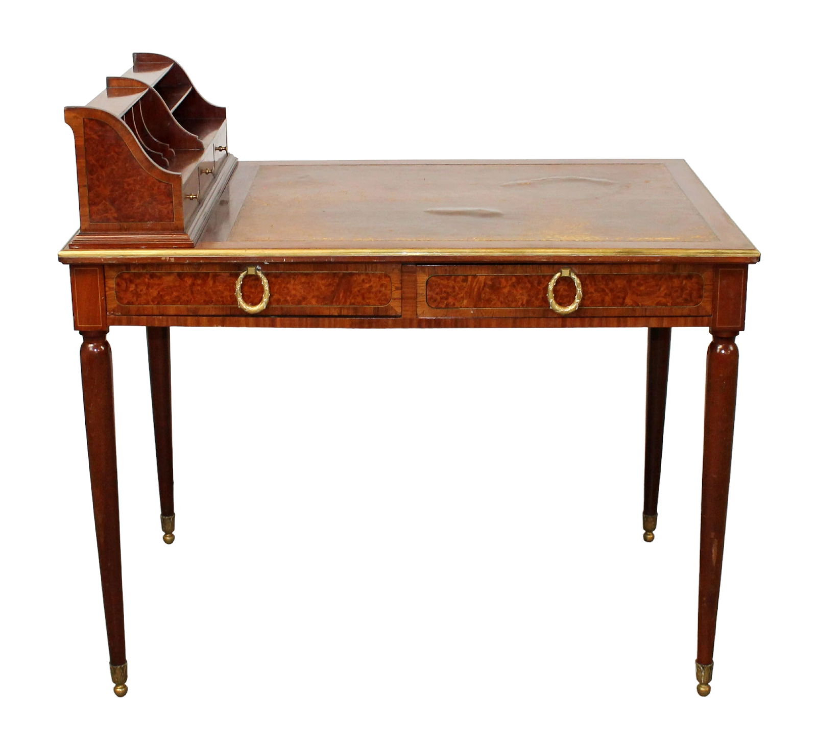French Louis XVI style ladies writing desk: French Louis XVI style ladies writing desk. In walnut with burled panels. On turned legs with 2 drawers, leather top and cartonnier. Early 20th century. 37"h x 39 1/2"l x 25 3/4"w
