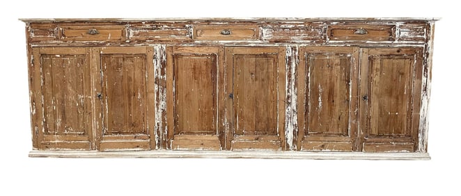 Massive French 6 door shop counter sideboard in pine with distressed finish