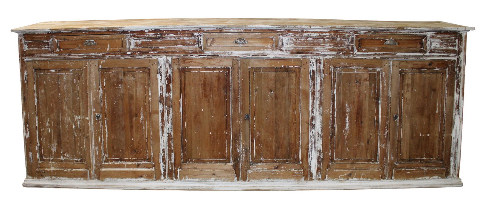 Massive French 6 door shop counter sideboard in pine with distressed finish: Massive French 6 door shop counter sideboard in pine with distressed finish. Late 19th century. 50"h x 143 1/2"w x 21 3/4"d