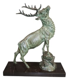 French patinated metal sculpture of elk on black marble base