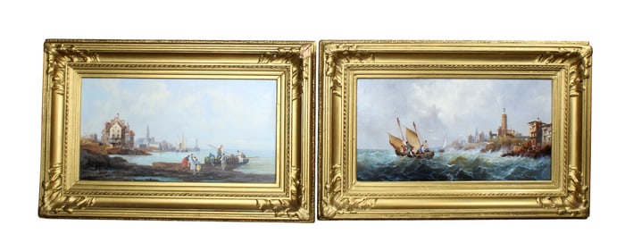Pair of Continental oil on canvas painting coastal landscapes