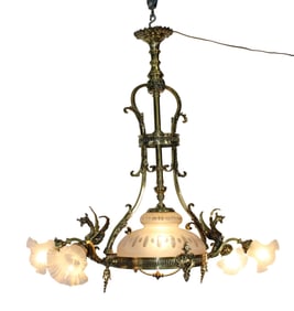 American polished bronze and etched glass chandelier