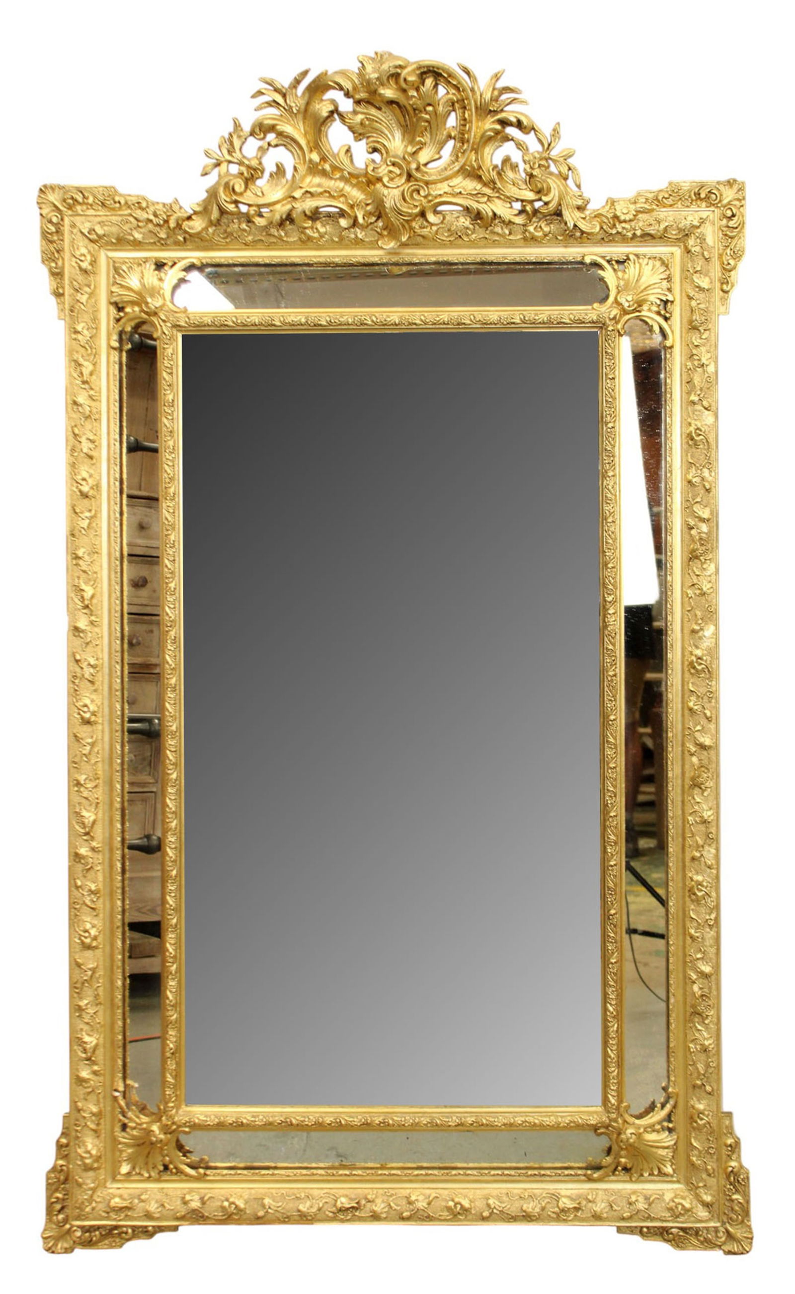 French parclose mirror with painted gilt finish: French parclose gilt mirror with painted gilt finish. Late 19th century with newer finish. 72 1/2"h x 43 1/2"w