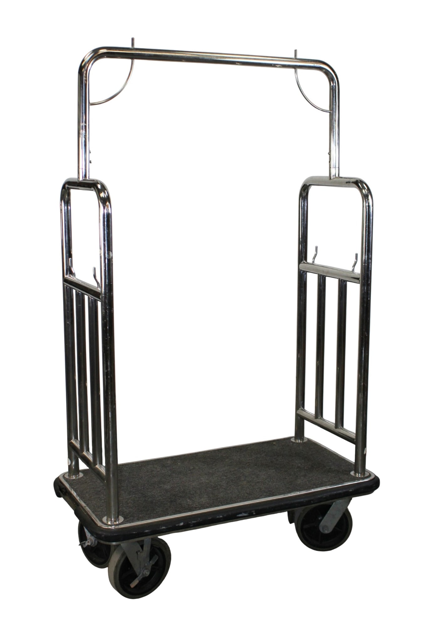 Hotel rolling luggage cart in stainless steel: Hotel rolling luggage cart in stainless steel. 67 1/2" h x 40 1/2"w x 21 1/2"d