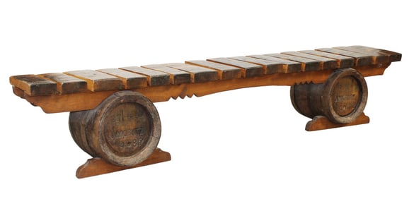 French brasserie bench with slatted oak seat on oak barrels