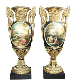 Pair of Venetian style urns with painted courting scenes