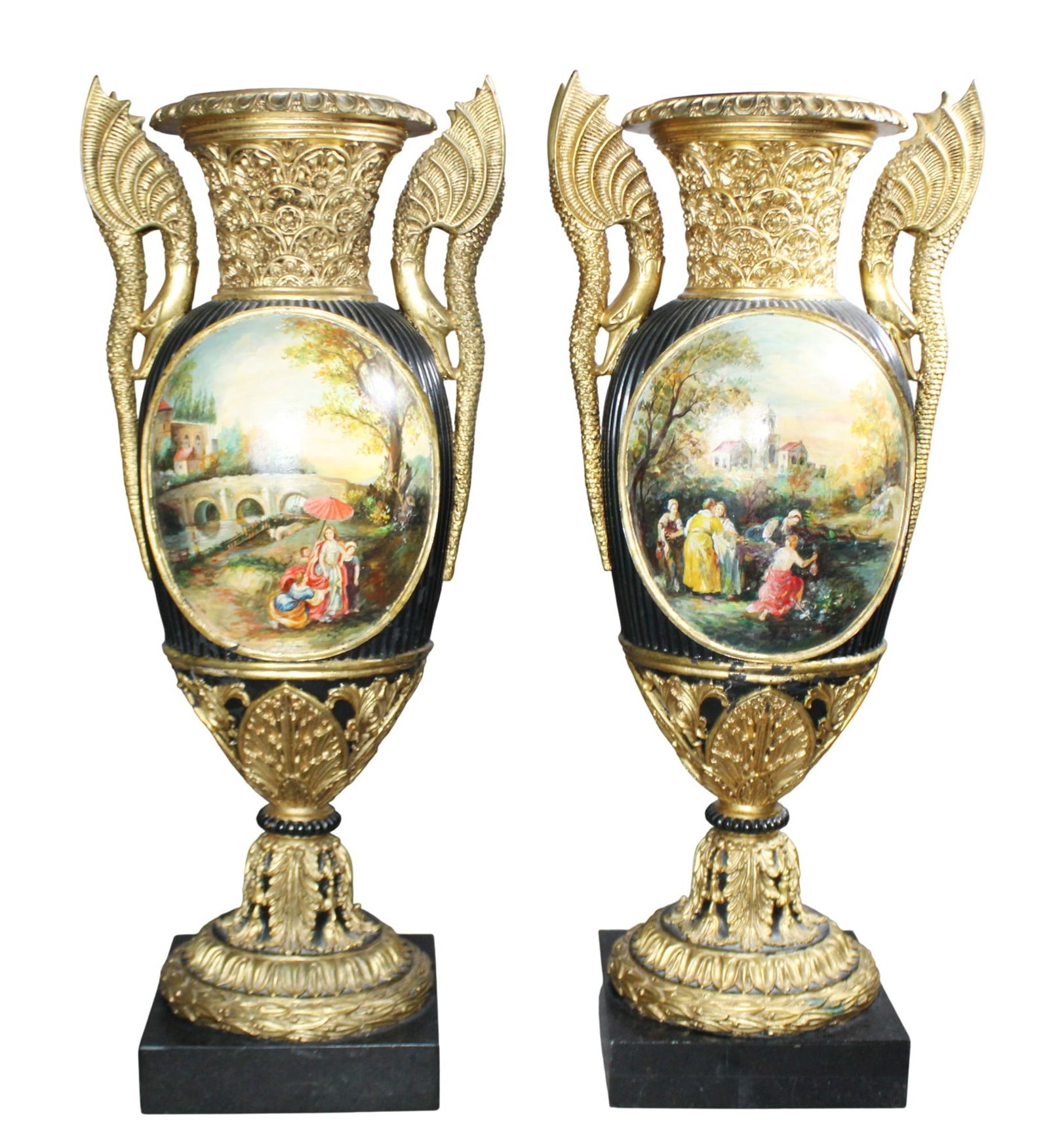 Pair of Venetian style urns with painted courting scenes: Pair of Venetian style urns with painted courting scenes. Late 20th century. 28 1/2"h x 13"w x 9"d Weight: 40lbs