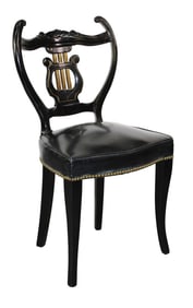Hollywood Regency lyre back ebonized side chair with leather seat