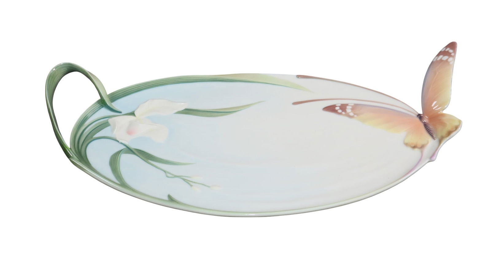 Franz porcelain butterfly tray: Franz porcelain butterfly tray. 2 1/2"h x 17 3/4"w x 9"d. Weight: 2lbs
