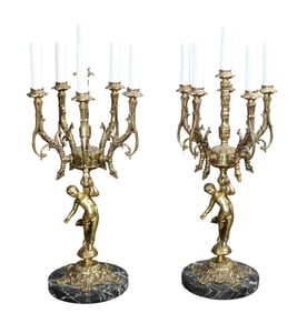 Pair of 6 arm lamps with figural support on marble bases.