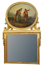 French giltwood trumeau mirror with oval painting